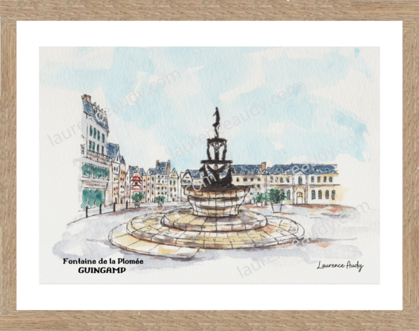 22-GUINGAMP-FONTAINE PLOMEE-AQUARELLE FILIGRANE CADRE CHENE