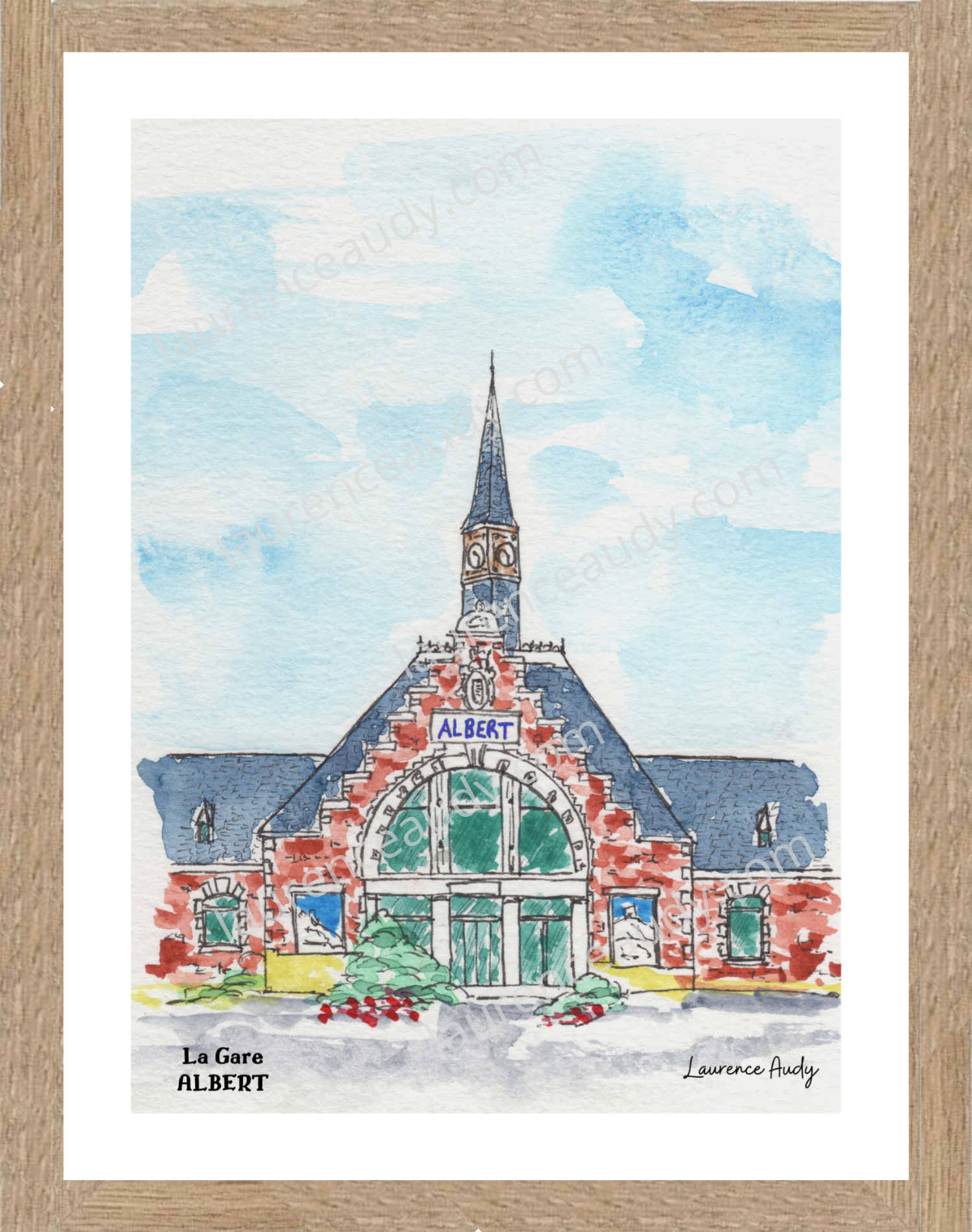 80-ALBERT-GARE-AQUARELLE FILIGRANE CADRE CHENE