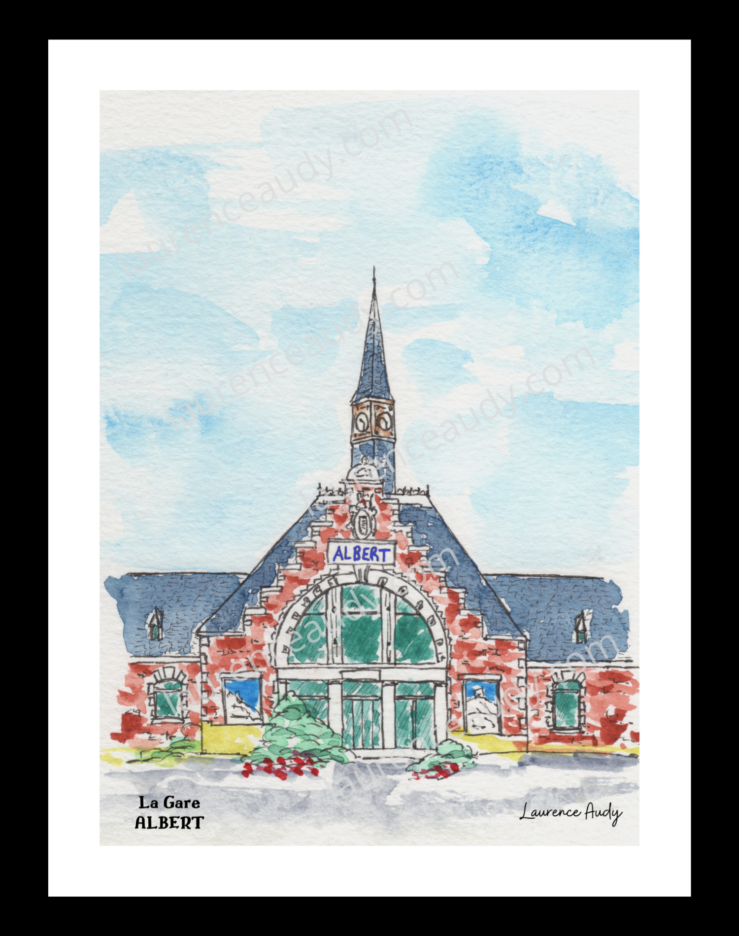 80-ALBERT-GARE-AQUARELLE FILIGRANE CADRE NOIR