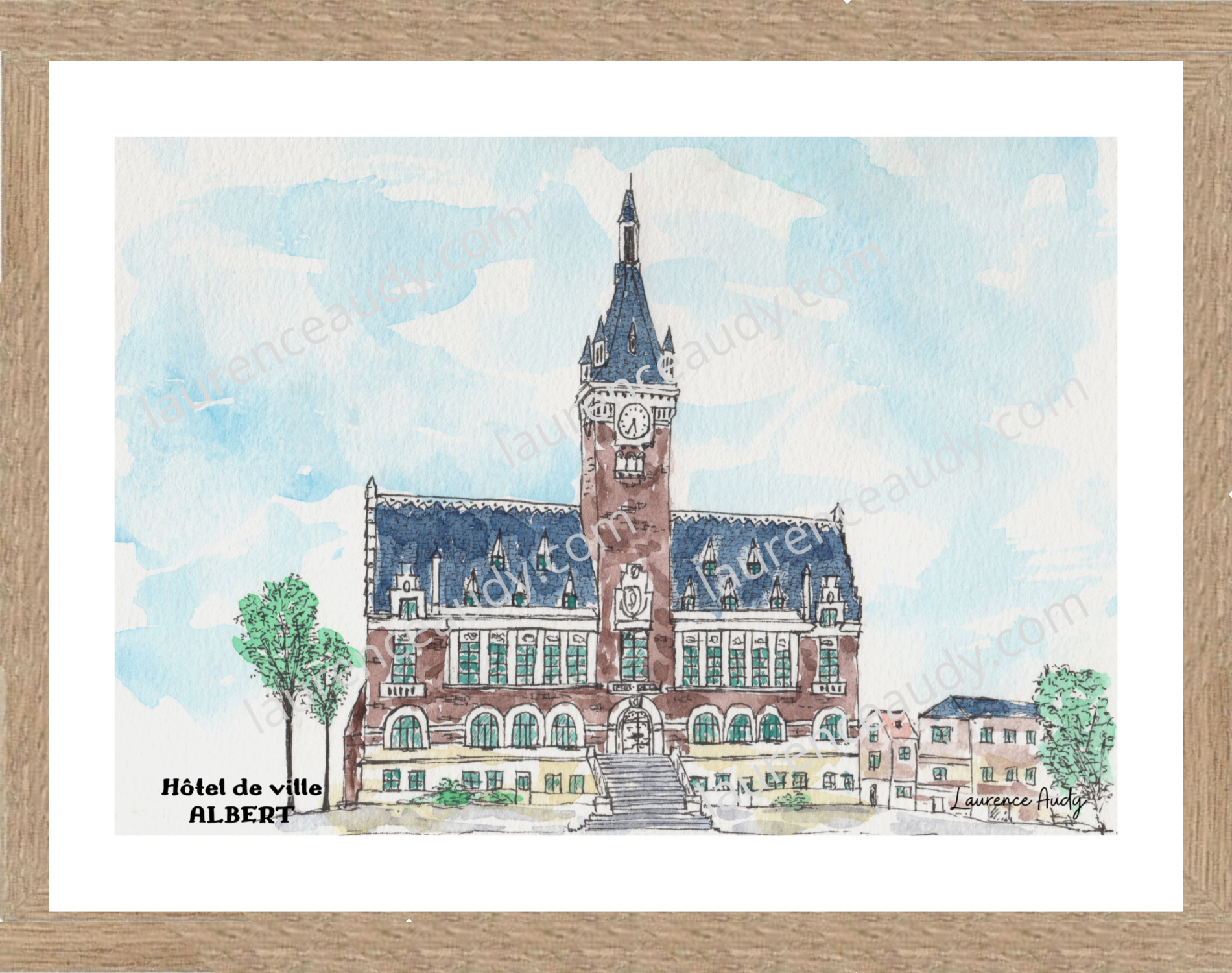 80-ALBERT-HOTEL DE VILLE-AQUARELLE FILIGRANE CADRE CHENE