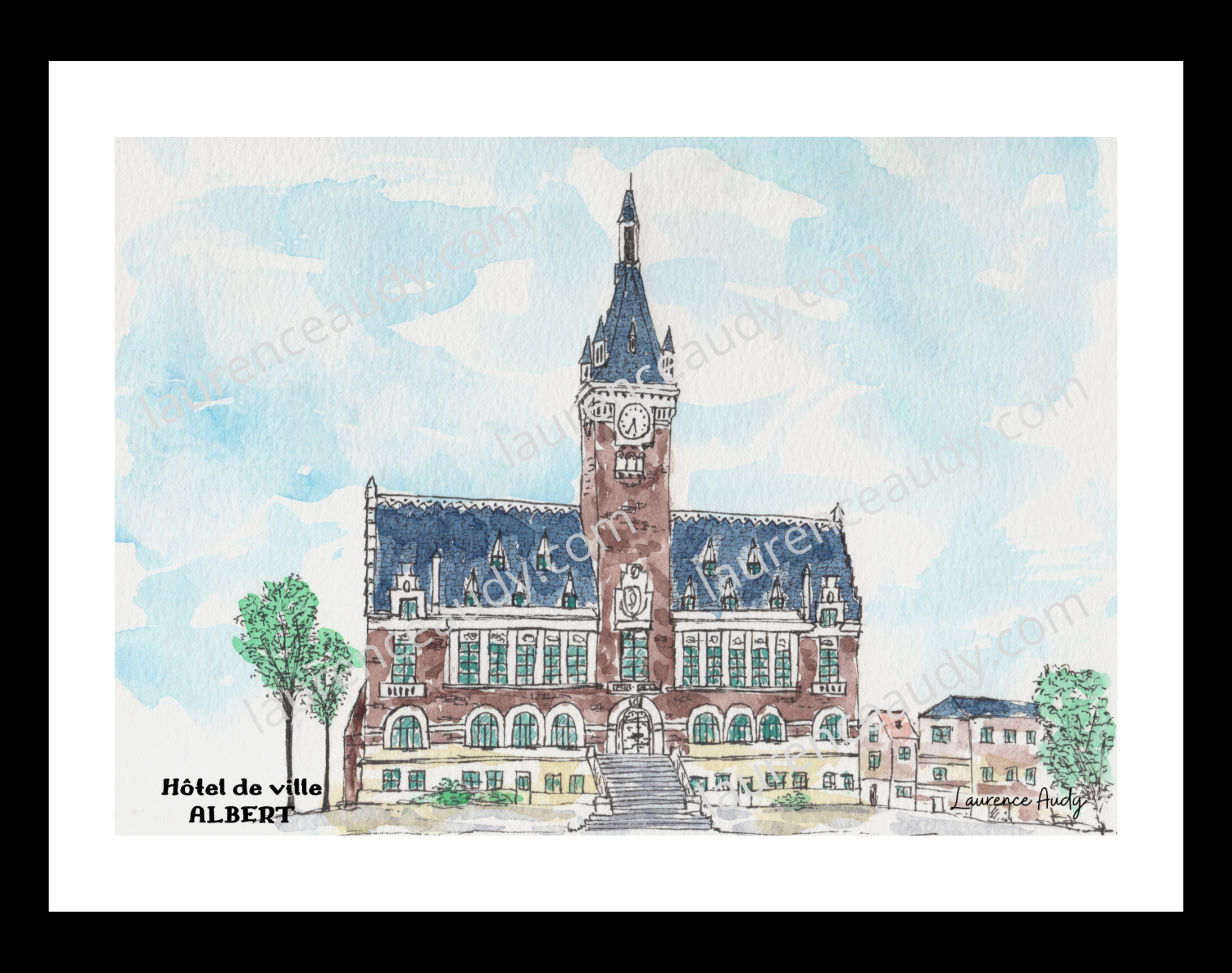 80-ALBERT-HOTEL DE VILLE-AQUARELLE FILIGRANE CADRE NOIR