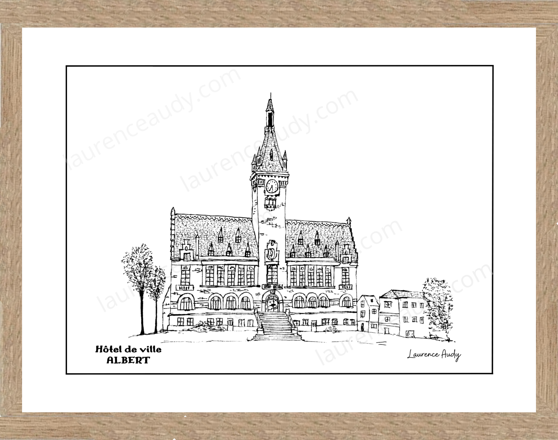 80-ALBERT-HOTEL DE VILLE-N&B FILIGRANE CADRE CHENE