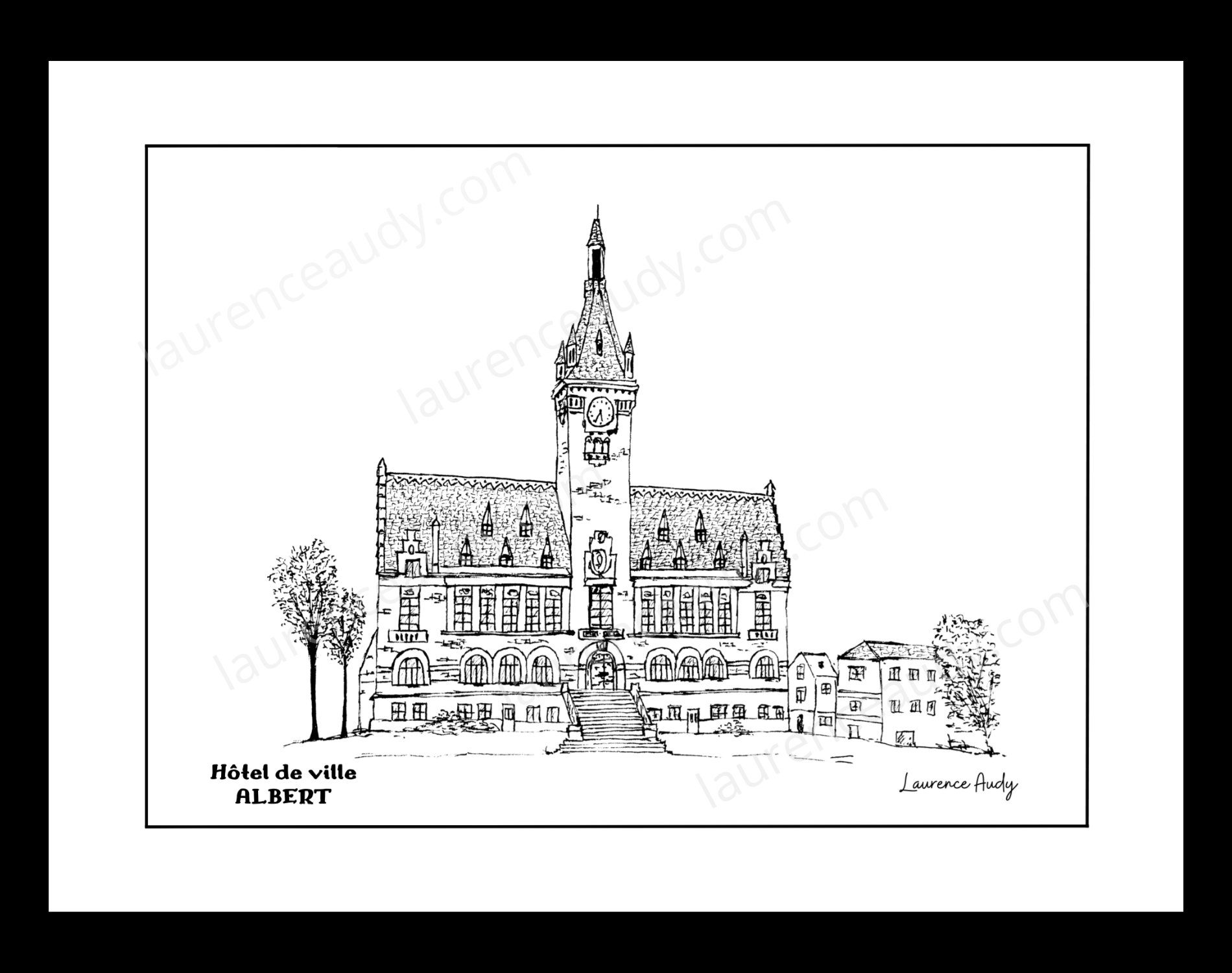 80-ALBERT-HOTEL DE VILLE-N&B FILIGRANE CADRE NOIR