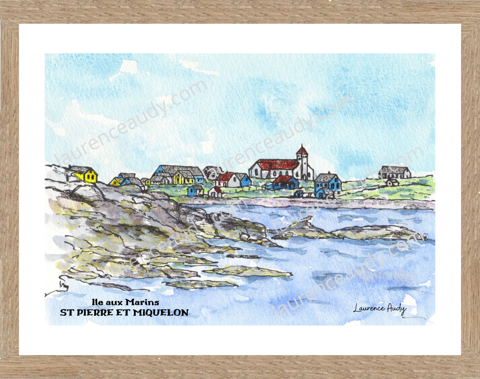975-ST PIERRE ET MIQUELON-ILE AUX MARINS-AQUARELLE FILIGRANE CADRE CHENE