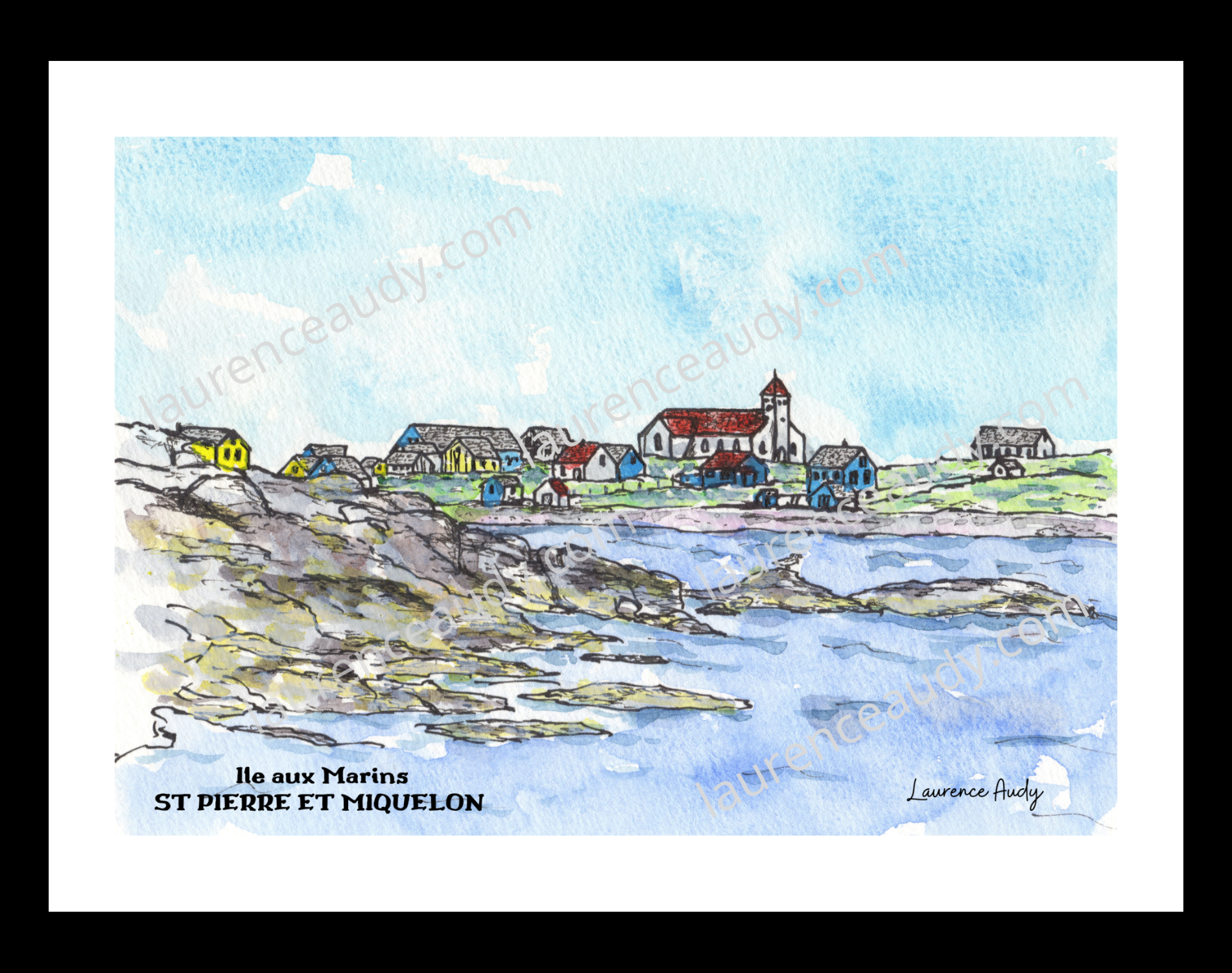 975-ST PIERRE ET MIQUELON-ILE AUX MARINS-AQUARELLE FILIGRANE CADRE NOIR