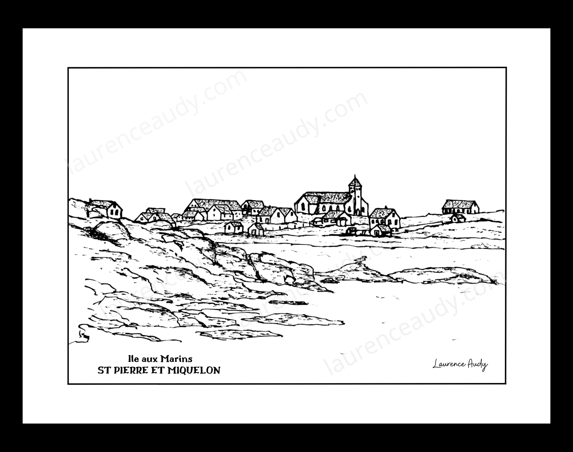 975-ST PIERRE ET MIQUELON-ILE AUX MARINS-N&B 30X40 FILIGRANE CADRE NOIR